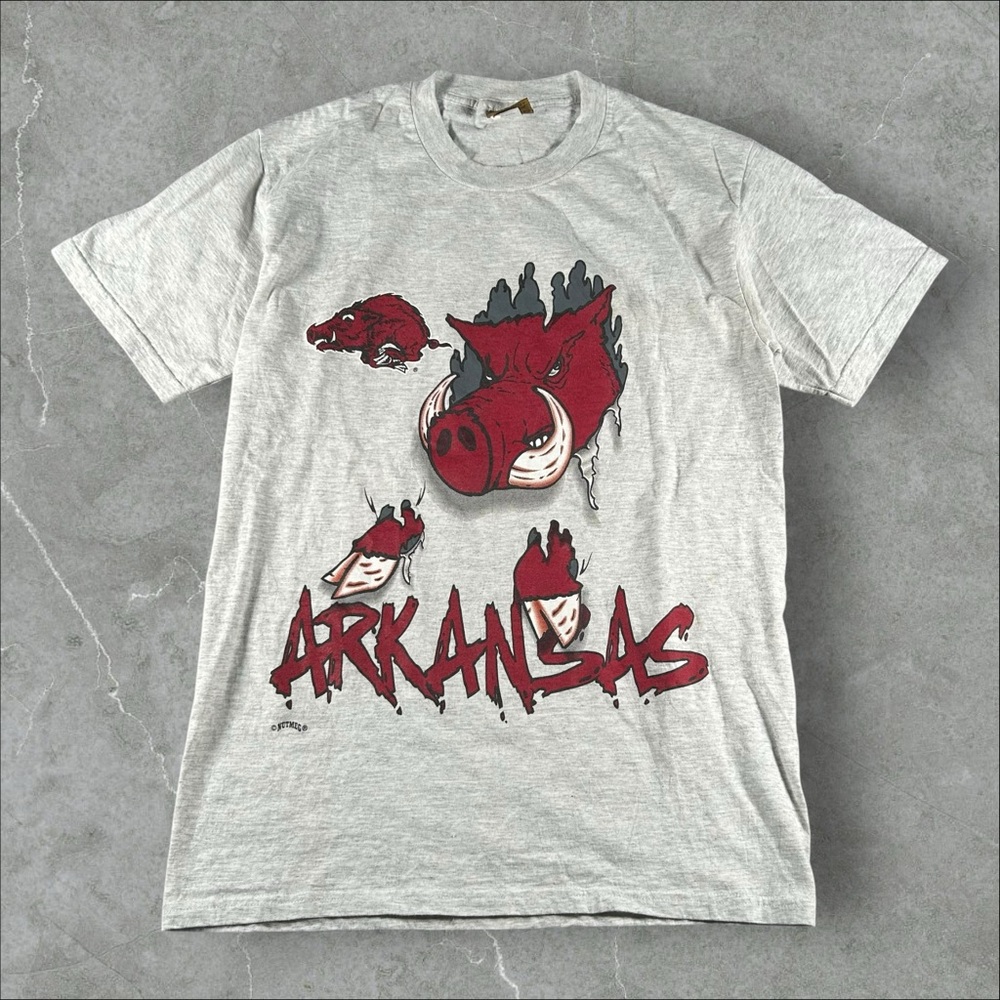 Vintage Arkansas Razorbacks Shirt Mens Medium Grey 90s Break Through Nutmeg Rare